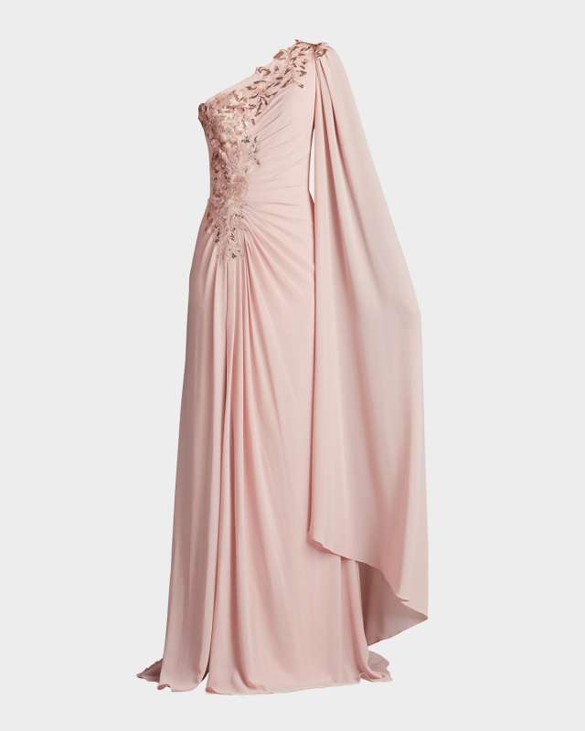 Pleated Cape-Sleeve Sequin Applique Gown